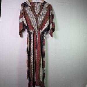 Dress Forum Boho Wide Leg Jumpsuit Multicolor Stripe Print Belted Kimono Sleeve